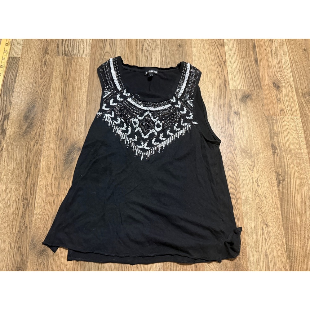 Express Shirts Womens Size XS Black Sleeveless Sequin Embellished Scoop Neck